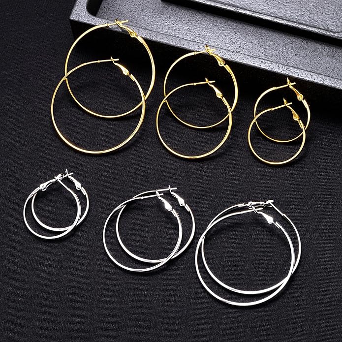 Gold Silver Plated Hoop Earrings for Women Hypoallergenic Stainless Steel Gold Hoops Earrings Lightweight Large Small Hoop Earrings Set
