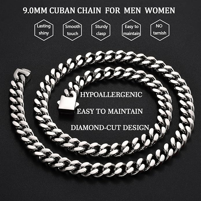 Fiusem Valentines Day Gifts for Him Silver Tone/Black/14K Gold Plated Chain Necklace for Men, 5mm/6mm/7.5mm/8mm/9mm Stainless Steel Cuban Link Chain Necklace, Men's Chains 18-28 Inch Jewelry Gifts