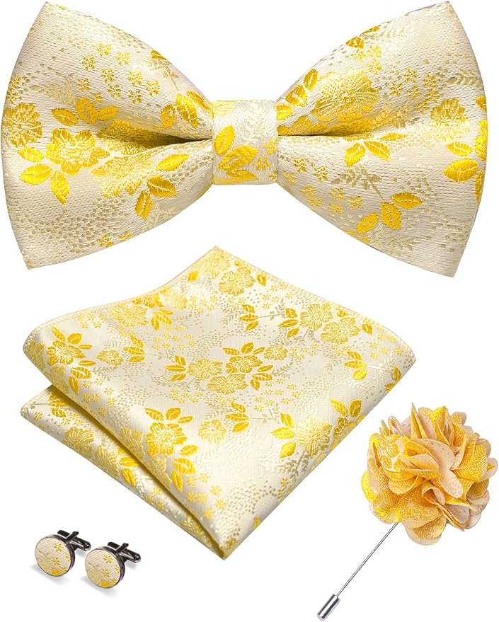 JEMYGINS Floral Pre-tied Bow Tie and Pocket Square Cufflinks Lapel Pin Sets for Men 4PCS