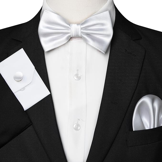 JEMYGINS Solid Color mens Pre-tied Bow Tie and Pocket Square Cufflinks Sets with Gift Box