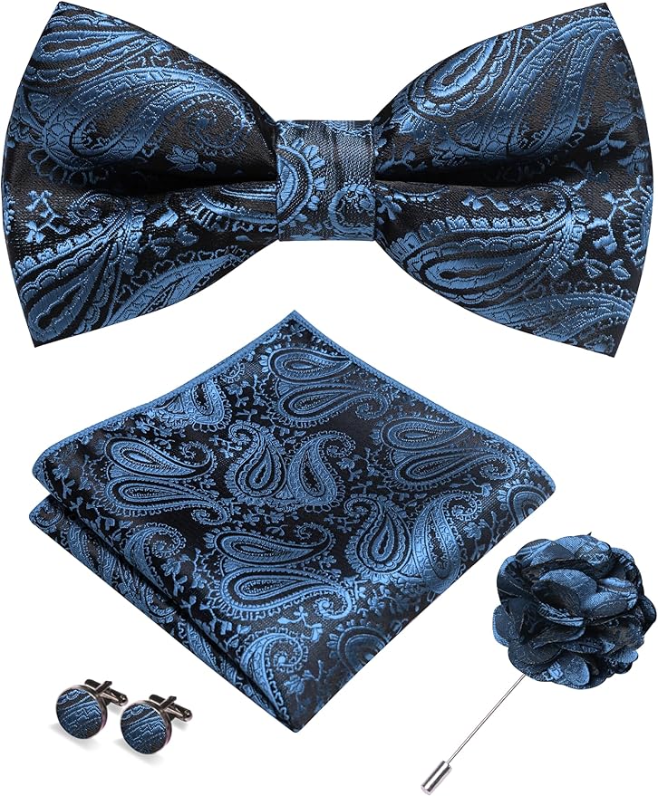 JEMYGINS Mens Paisley Bow Tie and Lapel Pin Necktie Pocket Square and Tie Clip with Sets for Business Casual 4PCS