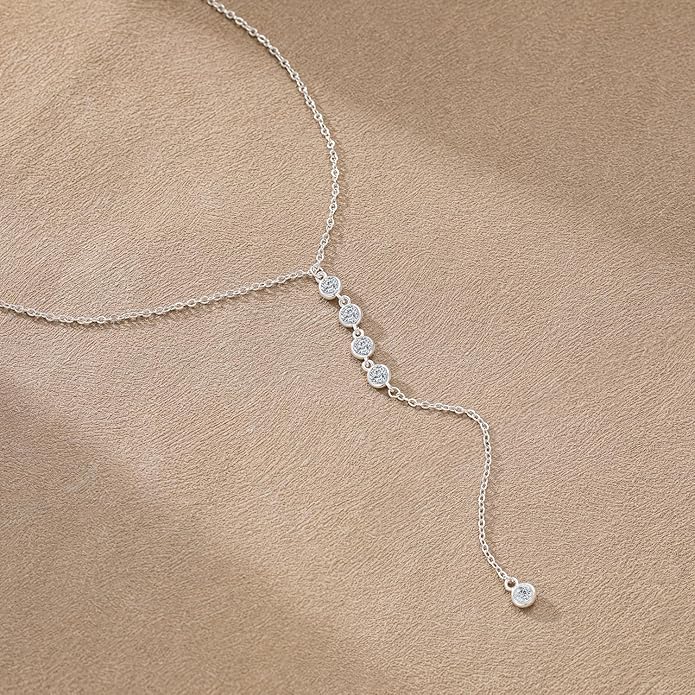 Foxgirl Lariat Gold Necklace for Women, Dainty Long Necklace 14k Gold Plated/Silver Y-Shaped Pendant Necklace Trendy Layered Cz Beaded Chain Drop Necklaces Simple Gold Jewelry For Women Gift