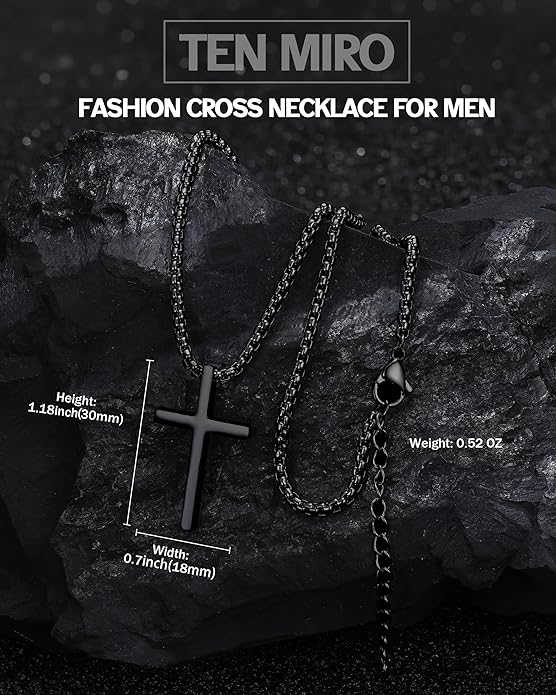 TEN MIRO Silver/Black Cross Necklace for Men Boy Stainless Steel Cross Pendant Necklace for Men Christian Religious Jewelry with Box & Card Birthday Anniversary Christmas Father's Day Gifts for Him