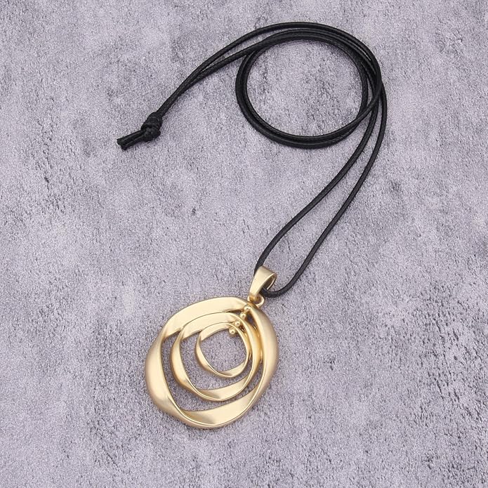Long Boho Necklaces for Women Vintage Leather Wooden Pendant Y Choker Ethnic Style Gold Circle Hippie Sweater Necklace