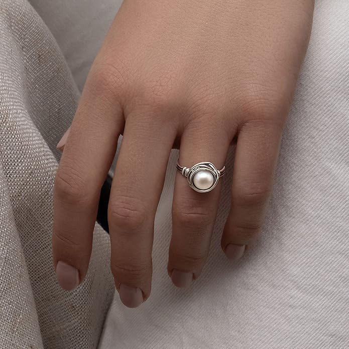 JEAN RACHEL JEWELRY 925 Sterling Silver Ring with Fresh Water Pearl Wire Wrap Vintage Design - Hypoallergenic, Nickel & Lead-free - Artisan Handcrafted Statement Rings for Women