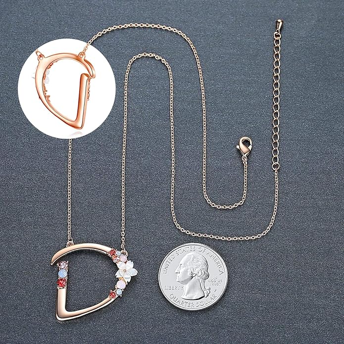Flower Initial Letter Necklace Pink Red Blue Simulated Pearl Pendant Name Jewelry Made with Austrian Crystals Rose Gold Plated Anniversary Birthday Gifts for Women,18"+2"