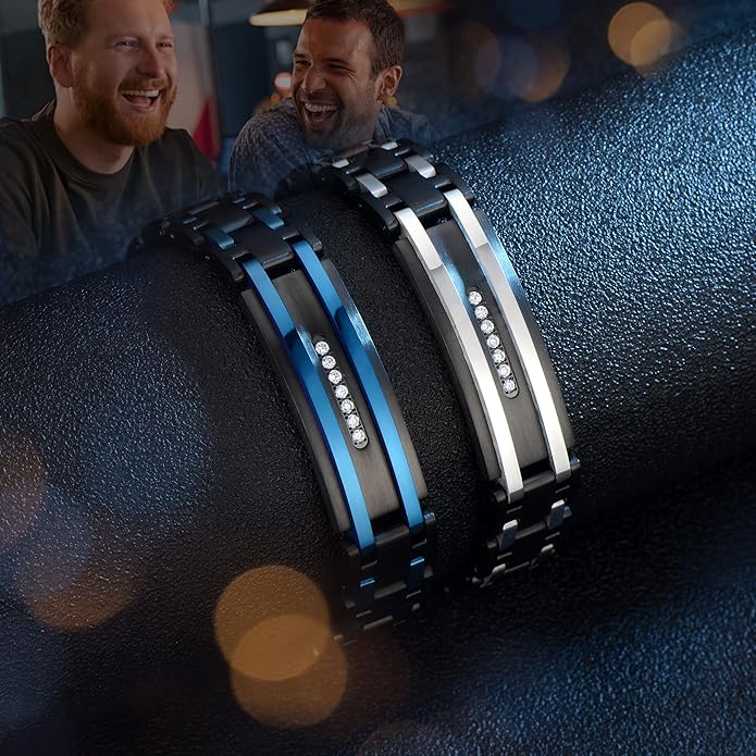Holizaly Men's Curved Brand Bracelet, Black and Blue Ion Plated Black Gifts Men Women Birthday Valentine's Day Jewelry Gifts Husband Boyfriend Son