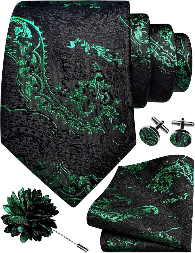 GUSLESON 8cm Paisley Tie Set for Men Necktie Lapel Pin Pocket Square Cufflinks Set for Men