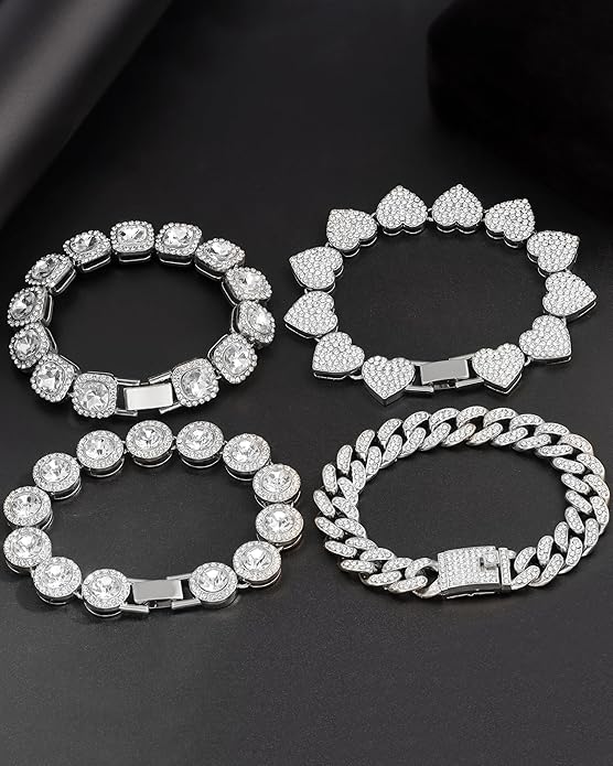 shopbyskyler 4PCS Gold Bracelets for Women Silver Clustered Tennis Bracelet for Women Heart Round Diamond Cuban Bracelet Layered Link Bracelet Set Fashion Jewelry for Women Set
