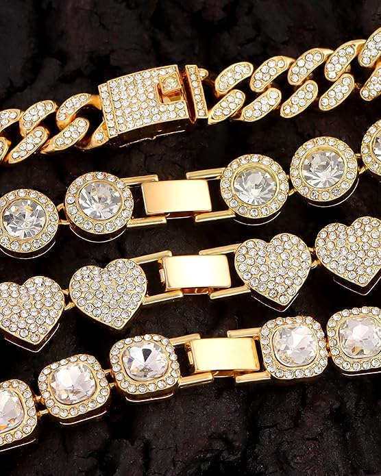 shopbyskyler 4PCS Gold Bracelets for Women Silver Clustered Tennis Bracelet for Women Heart Round Diamond Cuban Bracelet Layered Link Bracelet Set Fashion Jewelry for Women Set