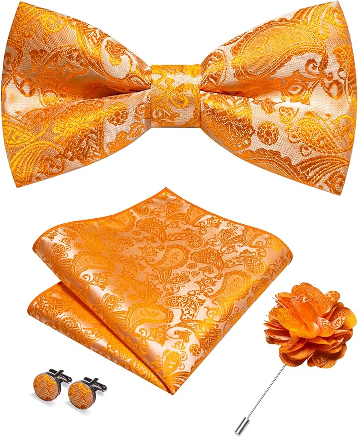 JEMYGINS Paisley Pre-tied Bow Tie and Pocket Square Cufflinks Lapel Pin Sets for Men 4PCS
