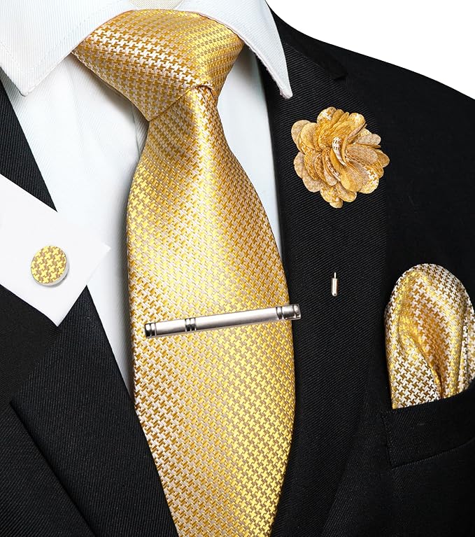 JEMYGINS Mens Tie and Pocket Square,Lapel Pin,Cufflinks,Tie Clip Sets with Gift Box 5PCS