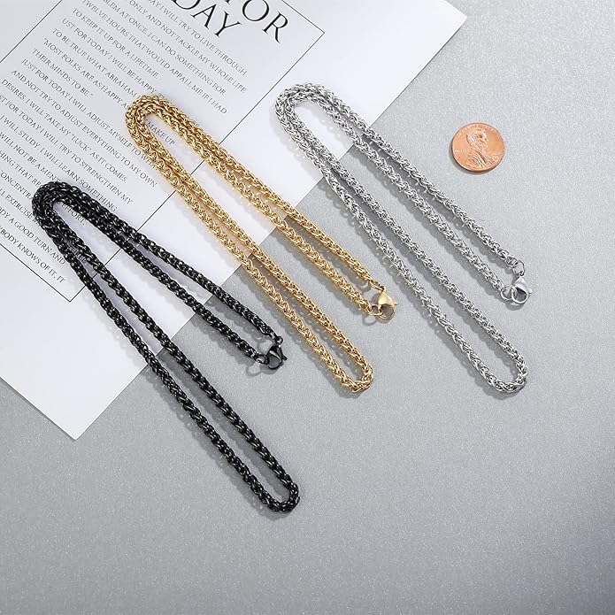 Garysiom 3 Pcs Chain Necklace for Men, 4mm Stainless Steel Gold Black and Silver Wheat Chains for Mens Jewelry Gift, 16"/20"/24"/28"/32 Inches