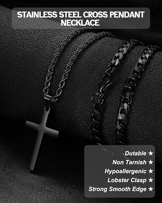 TEN MIRO Silver/Black Cross Necklace for Men Boy Stainless Steel Cross Pendant Necklace for Men Christian Religious Jewelry with Box & Card Birthday Anniversary Christmas Father's Day Gifts for Him