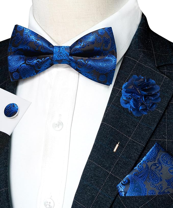 JEMYGINS Paisley Pre-tied Bow Tie and Pocket Square Cufflinks Lapel Pin Sets for Men 4PCS