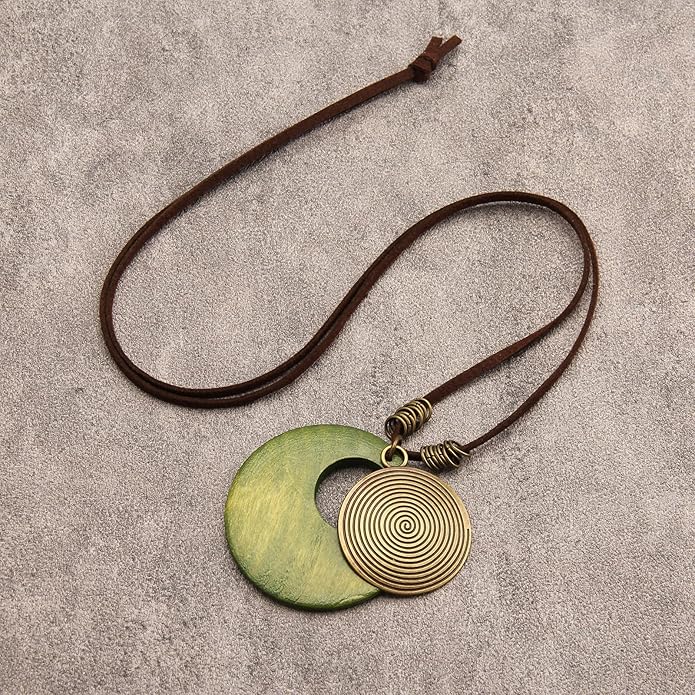 Long Boho Necklaces for Women Vintage Leather Wooden Pendant Y Choker Ethnic Style Gold Circle Hippie Sweater Necklace