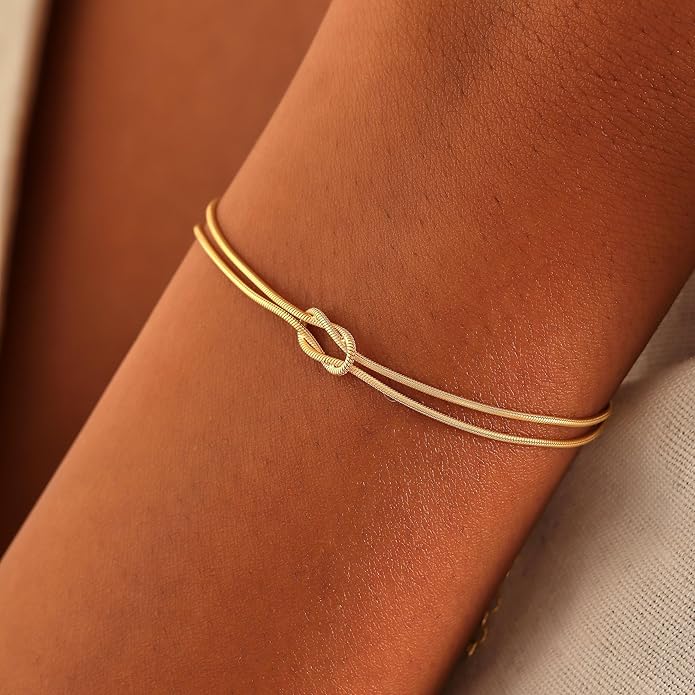 Matching Bracelets for Couples，Dainty Gold Love Knot Bracelet 14K Gold Plated Herringbone Chain Bracelet Relationship Jewelry Gifts for Best Friend