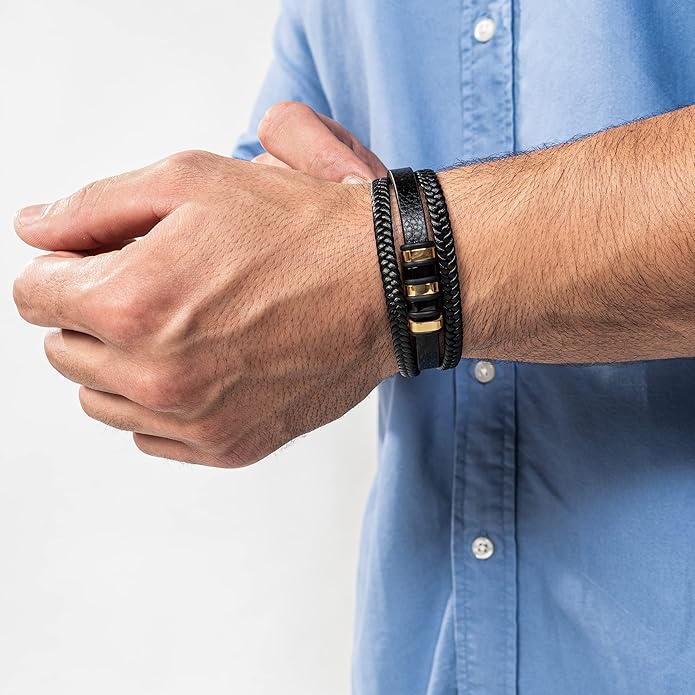 SERASAR | Premium Genuine Leather Bracelet [Glory] for Men in Black | Magnetic Stainless Steel Clasp in Silver and Gold | Exclusive Jewelry Box | Great Gift Idea