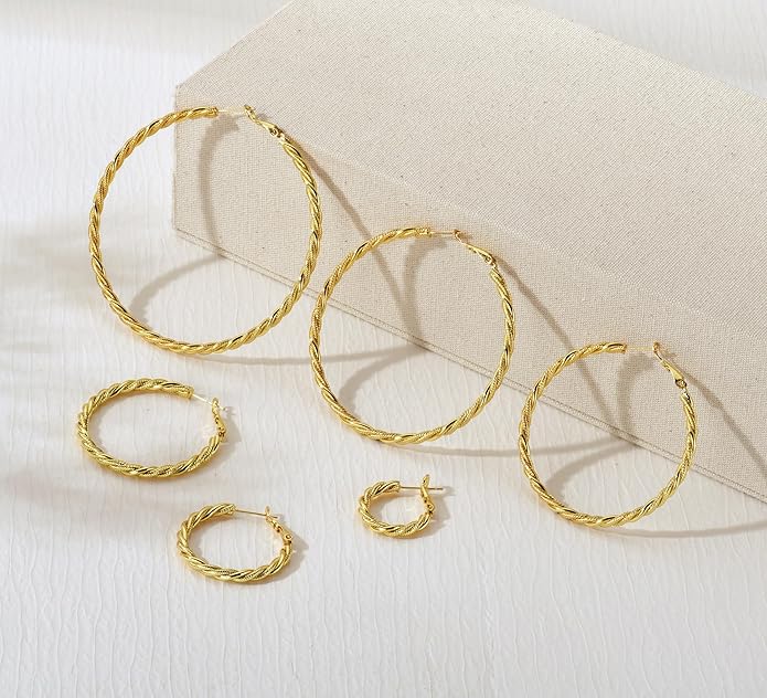 AllenCOCO Gold Hoop Earrings for Women, 18K Gold Plated Twisted Rope Design, Textured Thin Round Hoops with Sterling Silver Post Hypoallergenic 20-70mm