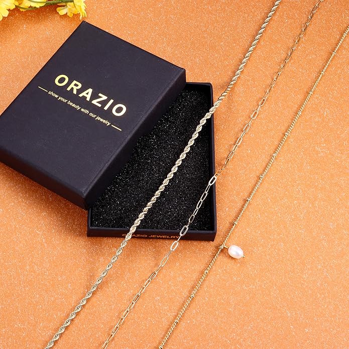 ORAZIO Gold Necklaces for Women,Layered Gold Necklace,14K Gold Plated Pendant Necklaces,Simple Choker Necklaces Set, Dainty Gold Chain Necklaces,Trendy Gold Stacked Jewelry Gifts for Women