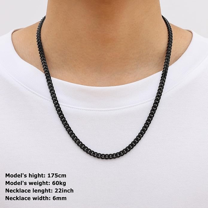 Fiusem Valentines Day Gifts for Him Silver Tone/Black/14K Gold Plated Chain Necklace for Men, 5mm/6mm/7.5mm/8mm/9mm Stainless Steel Cuban Link Chain Necklace, Men's Chains 18-28 Inch Jewelry Gifts