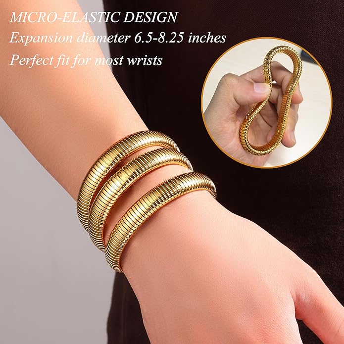 UILZ 3-Pack Gold Bangles Bracelet for Women - 24K Real Gold Plated Stainless Steel Chunky Stretch Bangles Stackable Wide Bracelet Jewelry for Everyday & Special Occasions Pulseras Para Mujer