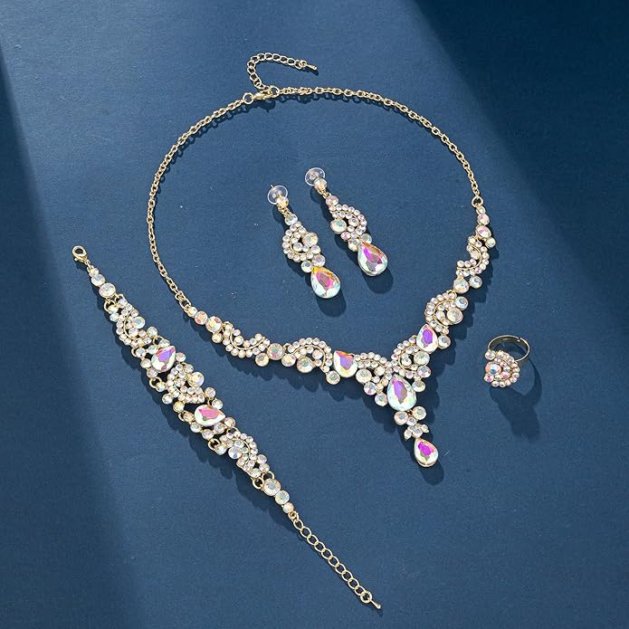 Paxuan Crystal Bridal Wedding Jewelry Sets for Women Rhinestone Teardrop Crystal Statement Choker Necklace Drop Earrings Link Bracelets Rings Teardrop Jewelry Set for Brides Bridesmaids