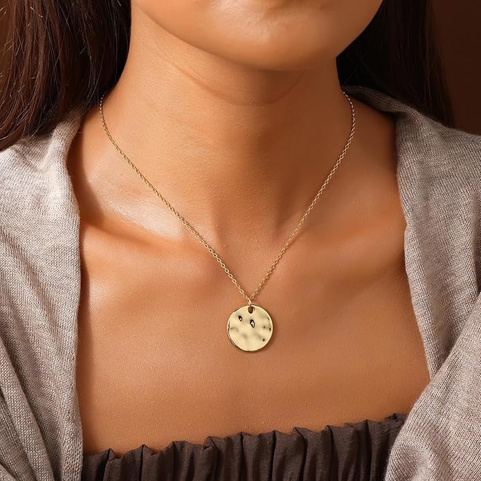 Gold Pendant Necklaces for Women, Gold Plated Pendant Necklace, Fashionable Hammered Pendant Necklaces Simple Multiple Shapes Necklace for Women Unique Gift