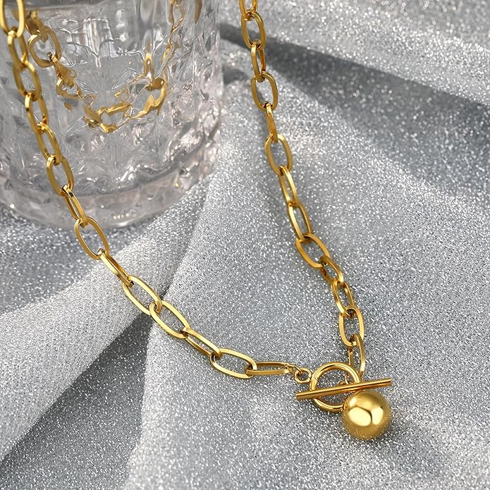 Chunky Gold Necklace for Women, 18K Waterproof Heart Necklace Statement Necklace Gold Charm Necklace Chunky Jewelry Paperclip Chain Choker Gift for Women