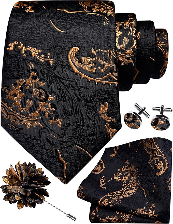 GUSLESON 8cm Paisley Tie Set for Men Necktie Lapel Pin Pocket Square Cufflinks Set for Men