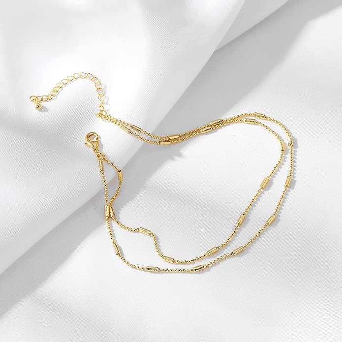 Pencros Dainty Layered Anklet,14K Gold Filled Cute Beads Satellite Chain Heart Boho Adjustable Anklets for Women
