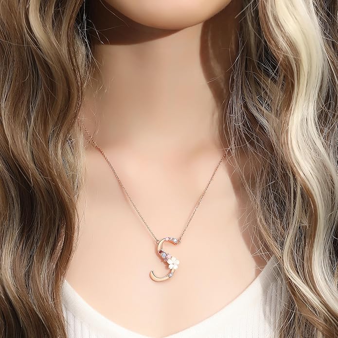 Flower Initial Letter Necklace Pink Red Blue Simulated Pearl Pendant Name Jewelry Made with Austrian Crystals Rose Gold Plated Anniversary Birthday Gifts for Women,18"+2"