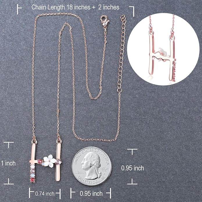 Flower Initial Letter Necklace Pink Red Blue Simulated Pearl Pendant Name Jewelry Made with Austrian Crystals Rose Gold Plated Anniversary Birthday Gifts for Women,18"+2"