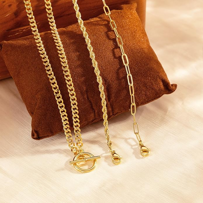 Gold Plated Necklaces for Women - Dainty Layered 14K Gold Plated Stack Paperclip Rope Cuban Toggle Link Chain Choker Necklace Set Chunky Trendy Jewelry Gift