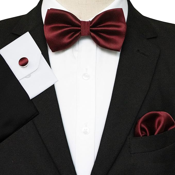 JEMYGINS Solid Color mens Pre-tied Bow Tie and Pocket Square Cufflinks Sets with Gift Box