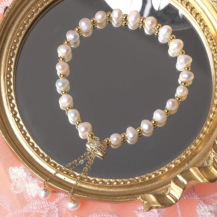 Cowlyn Pearl Bracelets for Women - Dainty 14K Gold Plated Beaded Pearl Link Chain Birthday Christmas Jewelry Gifts for Women