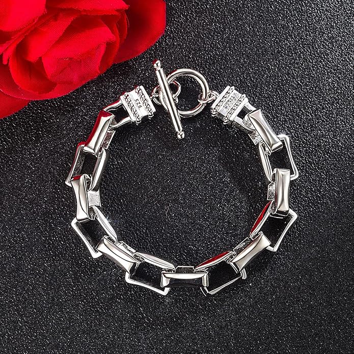 H&Beautimer Solid 925 Silver Bracelet Italian Handmade 0.35/0.4 Inch Box Chain Bracelet for Men's 7,7.5,8,8.5,9,9.5,10 Inch Hip Hop Style Jewelry