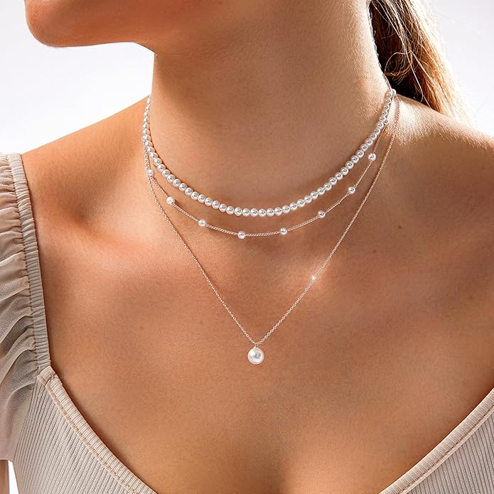 Zeffy Gold Pearl Necklace for Women, Dainty 14K Gold/Silve Plated Layered Pearl Choker Pearl Earrings Pearl Bracelets Wedding Trendy Gold Jewelry Set for Women Gifts