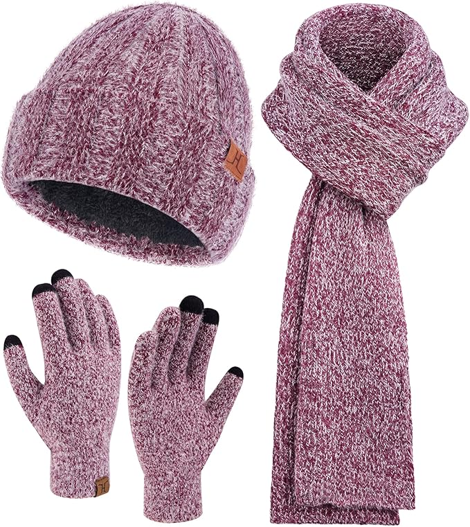 Womens Winter Warm Knit Beanie Hat Touchscreen Gloves Long Neck Scarf Set with Fleece Lined Skull Caps Gifts for Women