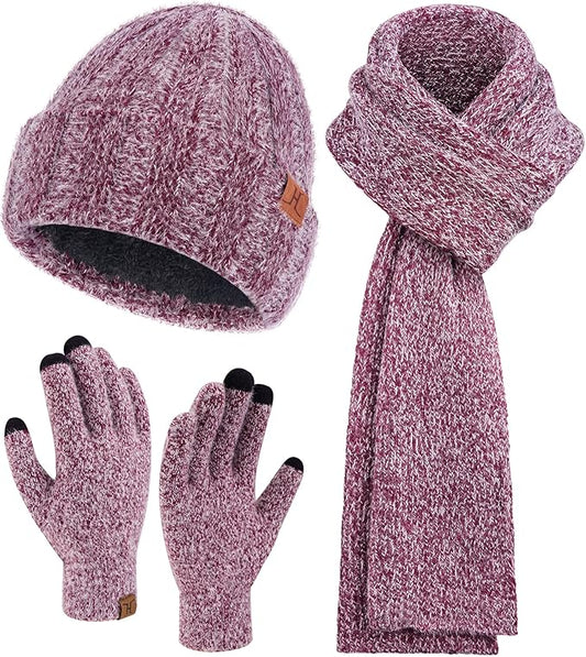 Womens Winter Warm Knit Beanie Hat Touchscreen Gloves Long Neck Scarf Set with Fleece Lined Skull Caps Gifts for Women