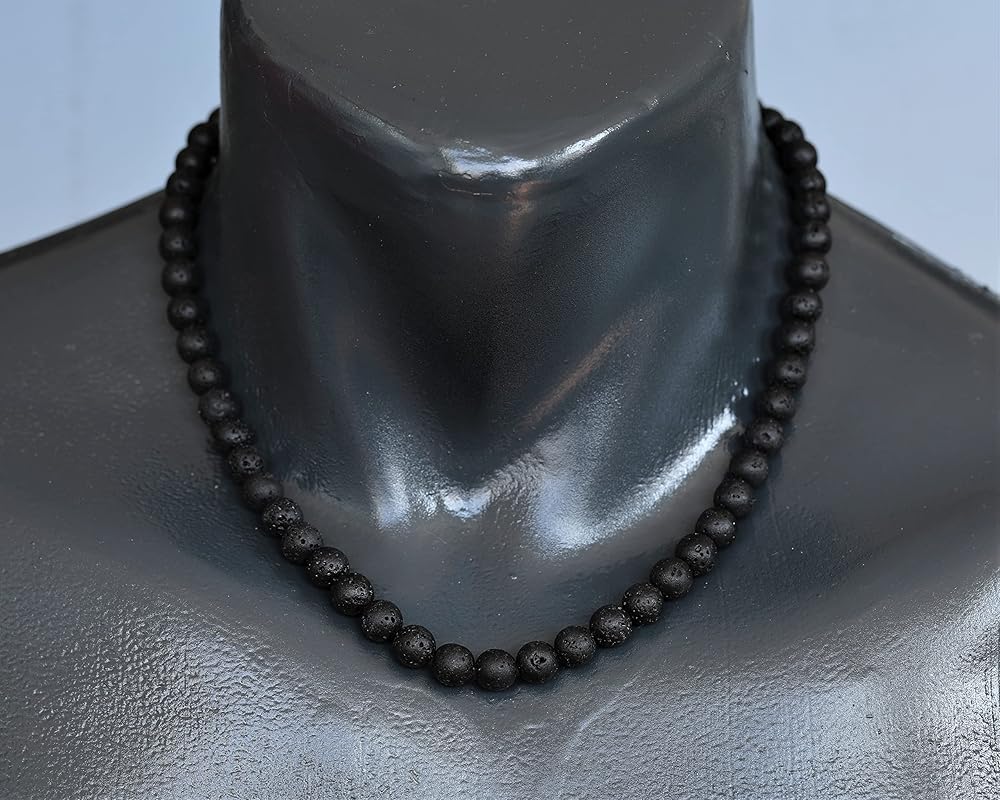 Natural Lava Stone Beaded Choker, Genuine Black Crystal Necklace, Fancy Gemstone Choker, 8mm Beads, Unique Fashion Jewelry, Healing Crystal Chakra Necklace, Durable Necklace, Cancer Zodiac Necklace