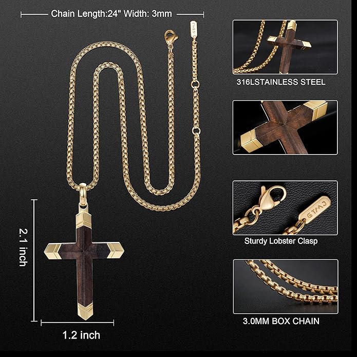 GTMJ Cross Necklace for Men -Stainless Steel & Wood Adjustable Box Chain 24-26in, Spiritual Jewelry Gift for Him, Everyday Wear