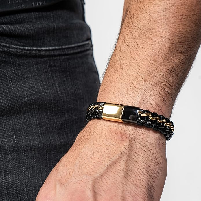 SERASAR | Premium Genuine Leather Bracelet [Steel] for Men in Black | Magnetic Stainless Steel Clasp in Black, Silver and Gold | Exclusive Jewellery Box | Great Gift Idea