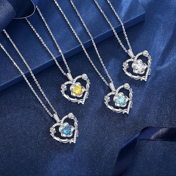AGVANA April Birthstone Jewelry CZ Necklace for Women Sterling Silver Heart Rose Flower Pendant Necklace Anniversary Birthday Gifts for Women Mom Wife Her