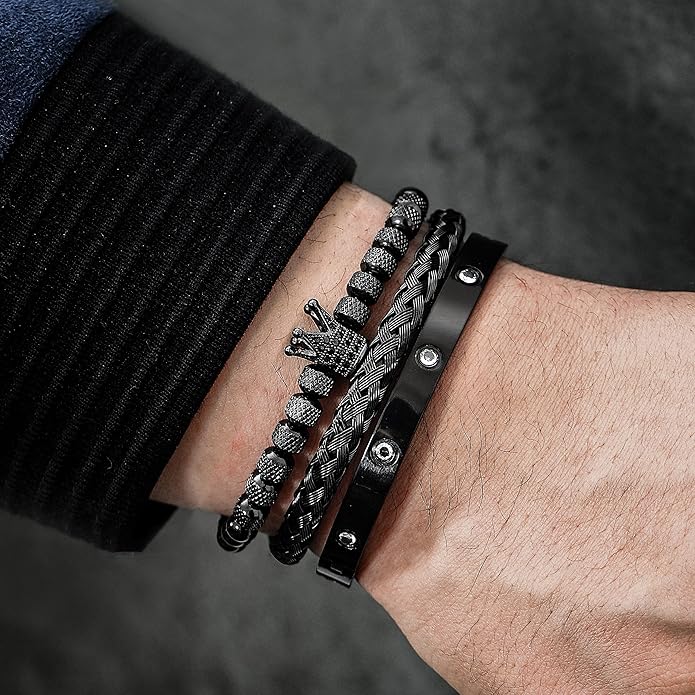 WFYOU 3PCS Stainless Steel Bracelets for Men Gold Roman Numeral Bangle Bracelet Twisted Cable Bracelet Adjustable Cuff Bracelet Mens Luxury Jewelry Bracelets Gifts
