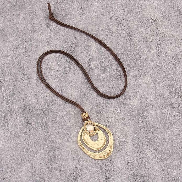 Long Boho Necklaces for Women Vintage Leather Wooden Pendant Y Choker Ethnic Style Gold Circle Hippie Sweater Necklace