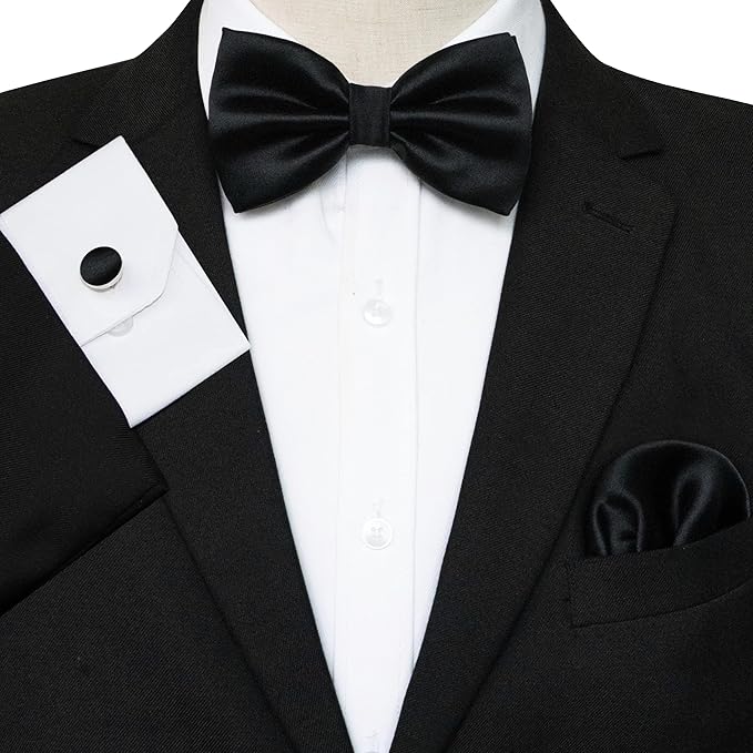 JEMYGINS Solid Color mens Pre-tied Bow Tie and Pocket Square Cufflinks Sets with Gift Box