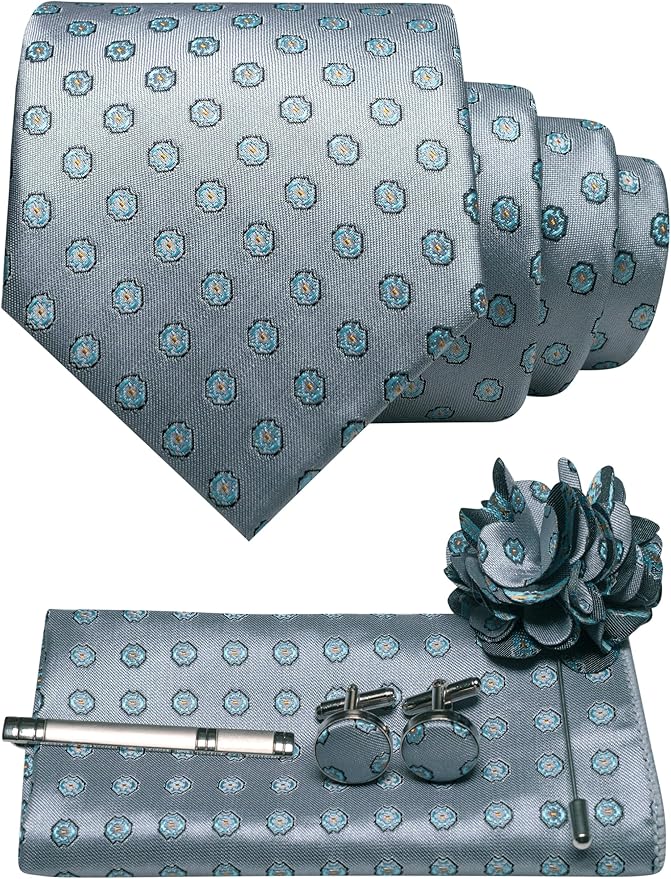 JEMYGINS Mens Tie and Lapel Pin Necktie Pocket Square Cufflinks and Tie Clip Sets for Business Casual 5PCS