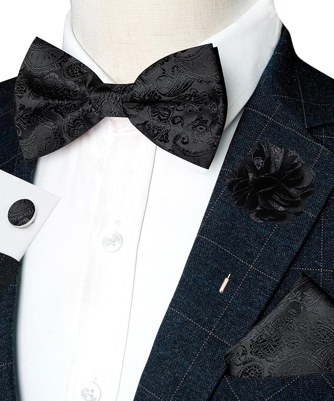 JEMYGINS Paisley Pre-tied Bow Tie and Pocket Square Cufflinks Lapel Pin Sets for Men 4PCS