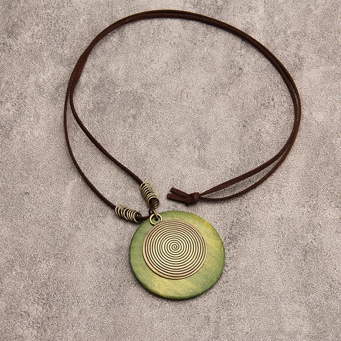 Long Boho Necklaces for Women Vintage Leather Wooden Pendant Y Choker Ethnic Style Gold Circle Hippie Sweater Necklace